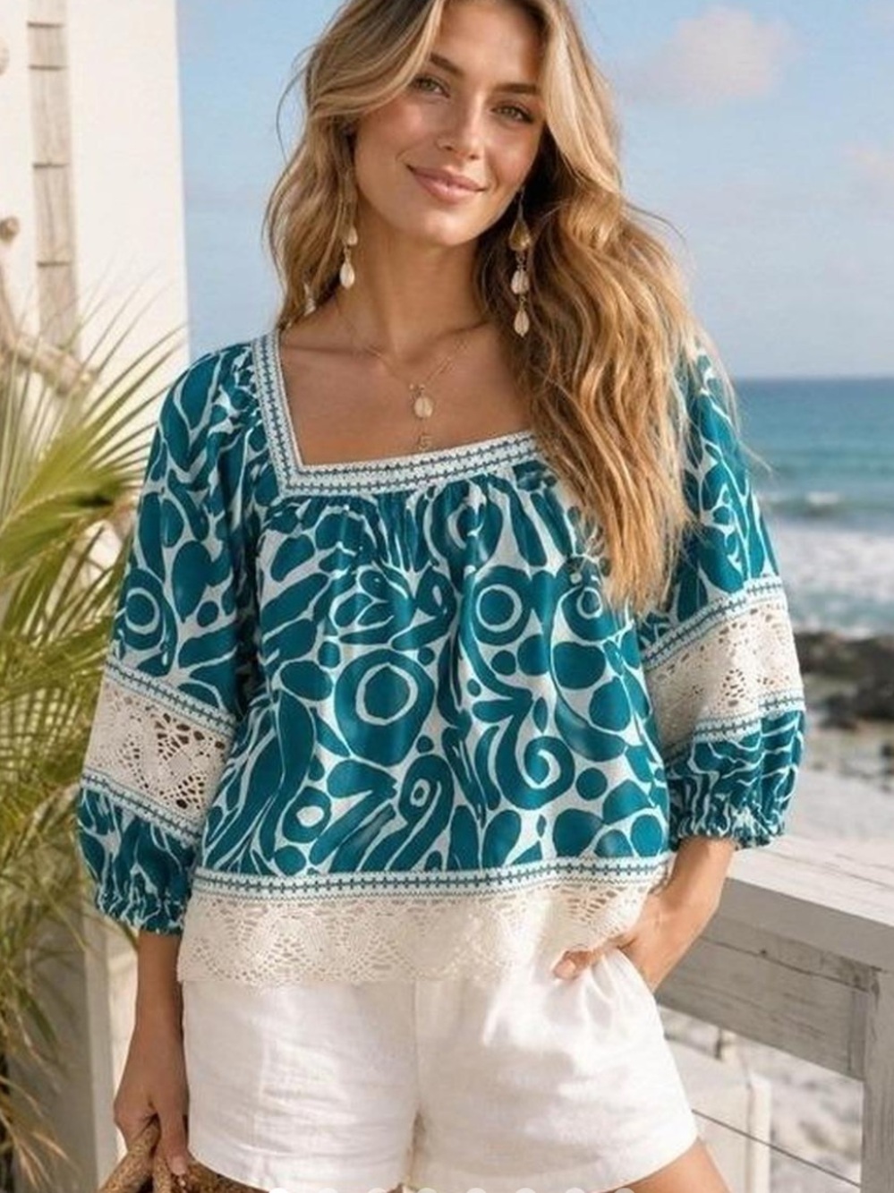 Rachel Zoe Linen Blend Crochet Blouse Top Boho Teal Cream Size Large